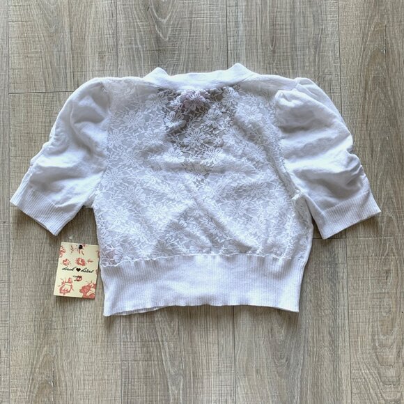 Derek Heart Lace Back Cropped Cardigan Short Sleeve Button Y2K White Sz Large L - Picture 2 of 9